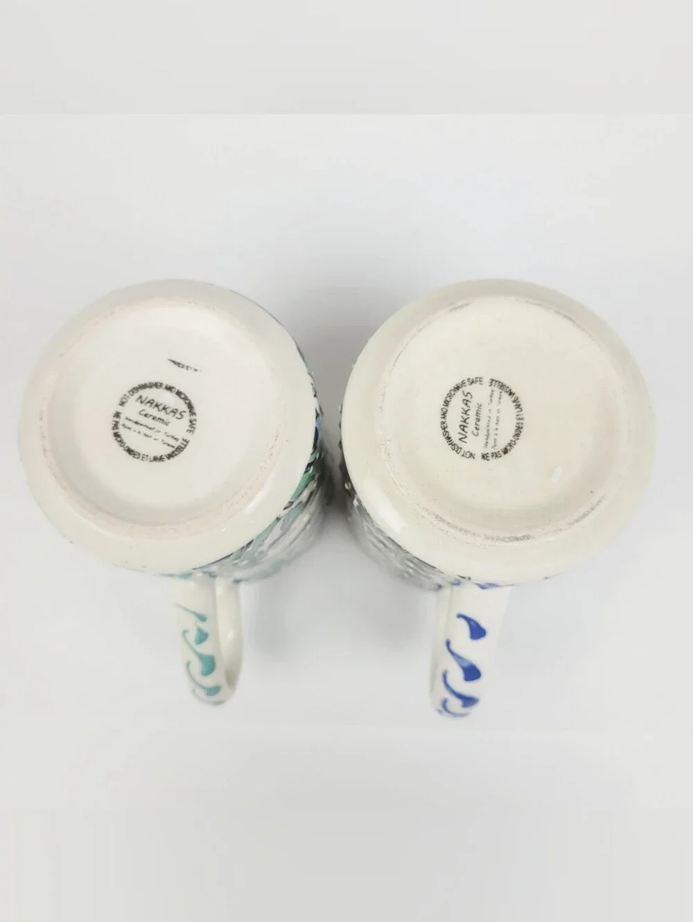 Nakkas Ceramic Hand Painted Mug~Iznik Style Turkey~Blue Green Floral~Set of 2